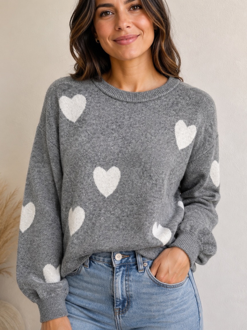 Madewell wool alpaca blend Gray Crewneck Sweater with White Heart Pattern XS